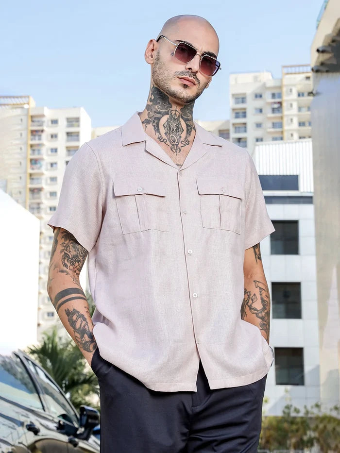 House Of Koala Pink Linen Blend Cuban Collar Classic Relaxed Fit Shirt
