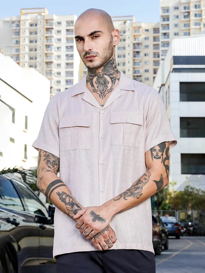 House Of Koala Pink Linen Blend Cuban Collar Classic Relaxed Fit Shirt