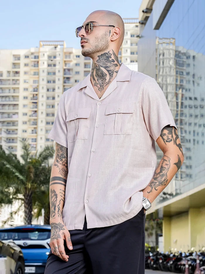 House Of Koala Pink Linen Blend Cuban Collar Classic Relaxed Fit Shirt