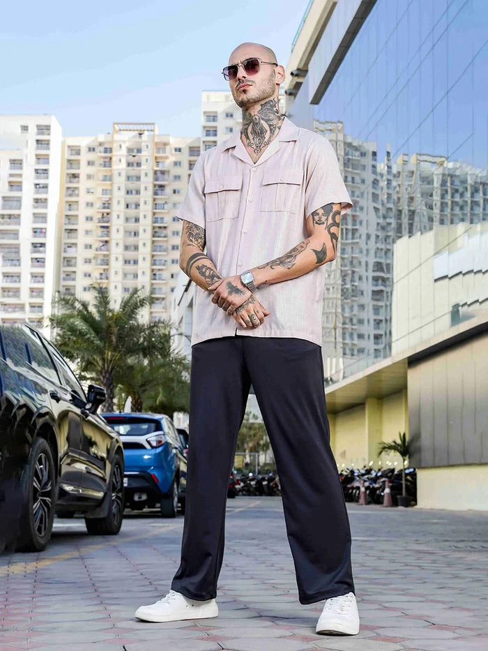 House Of Koala Pink Linen Blend Cuban Collar Classic Relaxed Fit Shirt