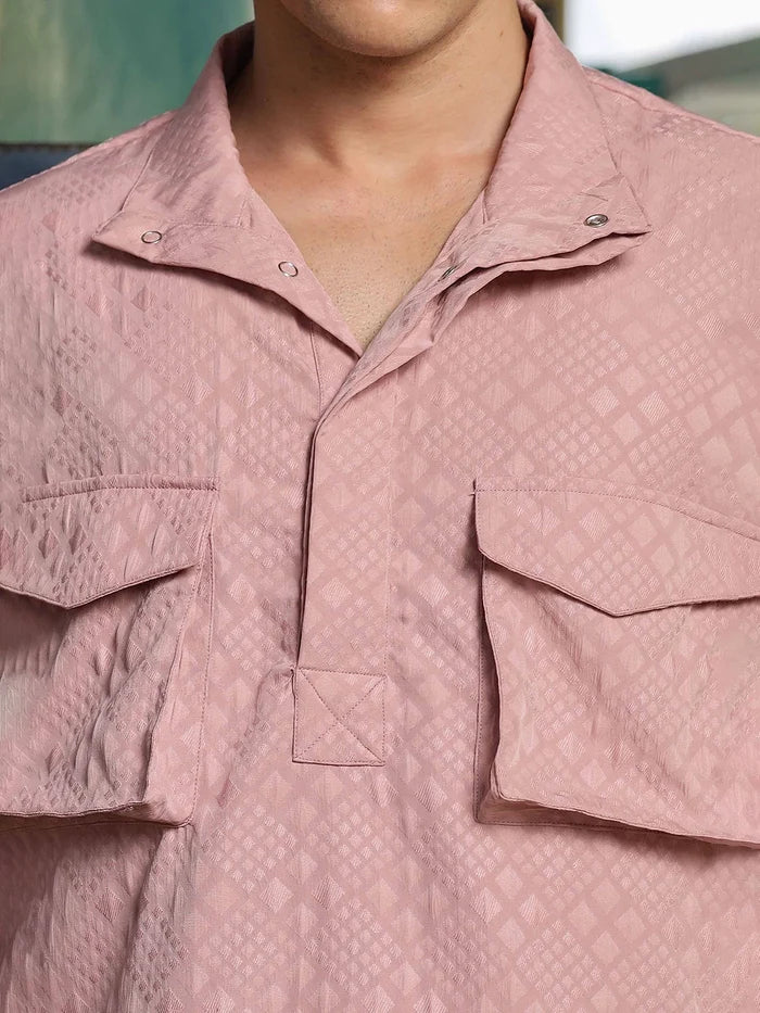 House Of Koala Pink Oversized Jacquard Textured Shirt Shacket