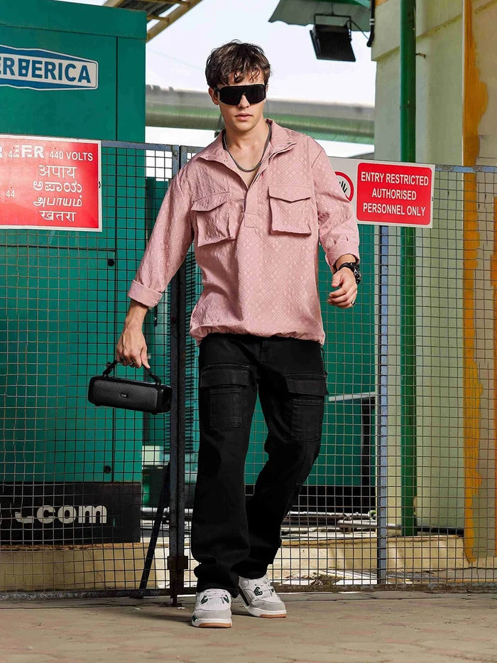 House Of Koala Pink Oversized Jacquard Textured Shirt Shacket