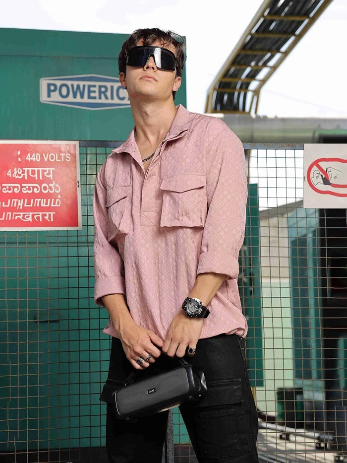 House Of Koala Pink Oversized Jacquard Textured Shirt Shacket