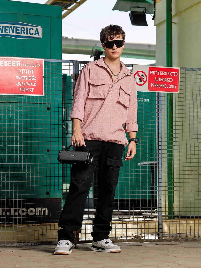 House Of Koala Pink Oversized Jacquard Textured Shirt Shacket