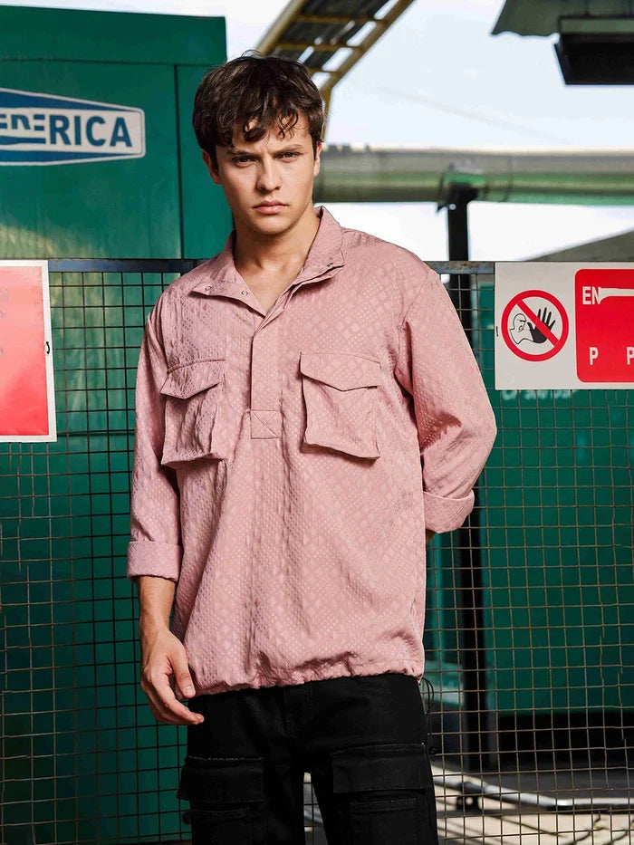 House Of Koala Pink Oversized Jacquard Textured Shirt Shacket