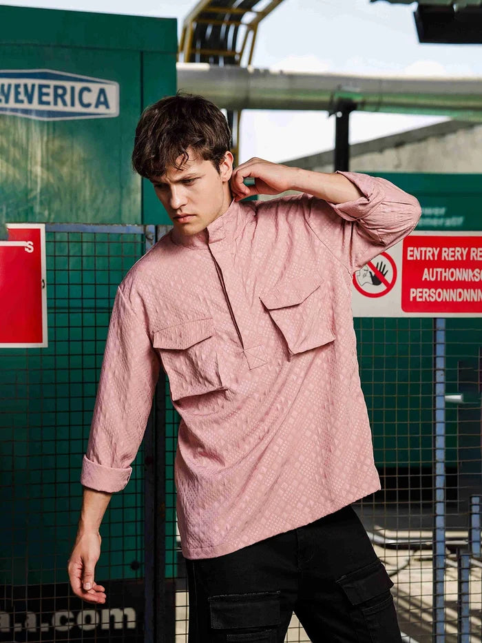 House Of Koala Pink Oversized Jacquard Textured Shirt Shacket