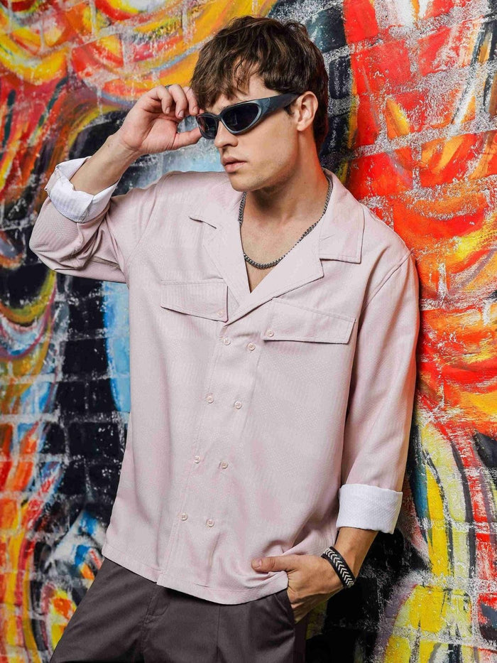 House Of Koala Pink Textured Notched Lapel Collar Regular Fit Korean Shirt