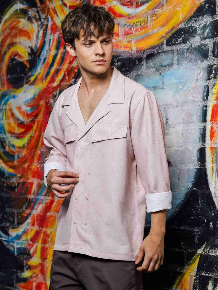 House Of Koala Pink Textured Notched Lapel Collar Regular Fit Korean Shirt