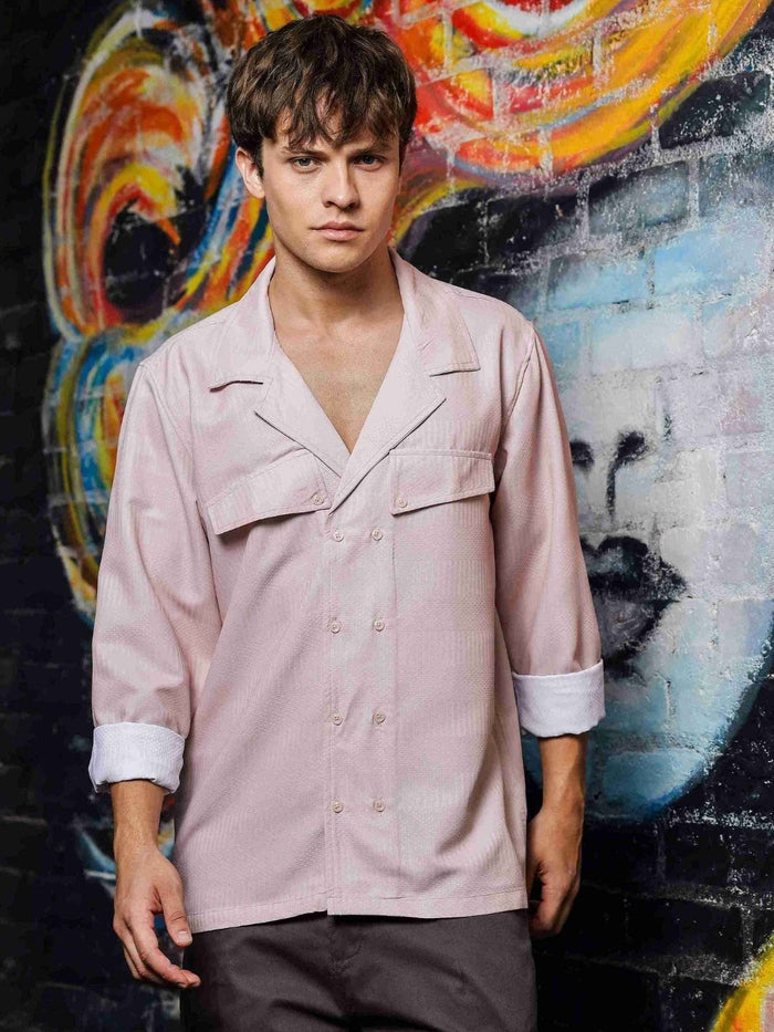 House Of Koala Pink Textured Notched Lapel Collar Regular Fit Korean Shirt