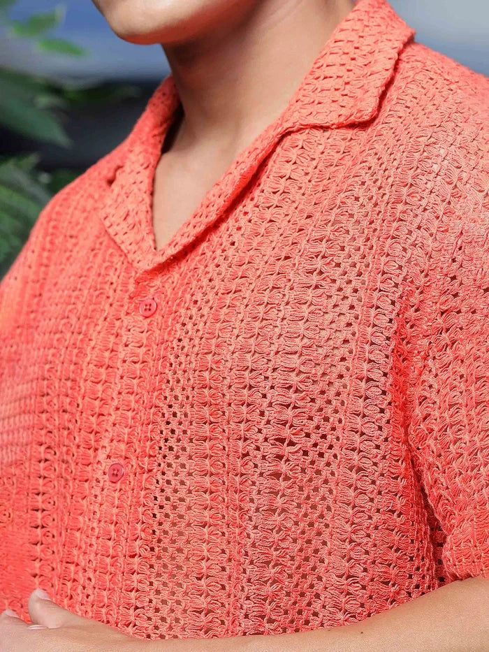 House Of Koala Relaxed Fit Pink Cotton Crochet Resort Shirt