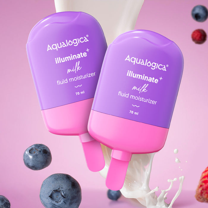 Illuminate+ Milk Fluid Moisturizer bottles with blueberries and milk