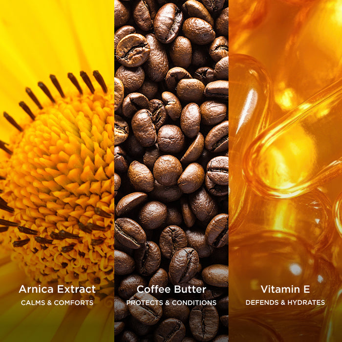 Ingredient collage featuring Arnica Extract, Coffee Butter and Vitamin E, with on-image text highlighting their benefits: "Calms & Comforts", "Protects & Conditions" and "Defends & Hydrates".