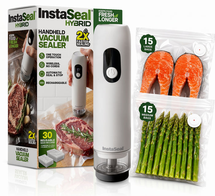 InstaSeal Hybrid Handheld Vacuum Sealer – Rechargeable Portable Food Vacuum Sealer with 30 Reusable BPA-Free Bags, USB-C Charging & Smart Auto Seal