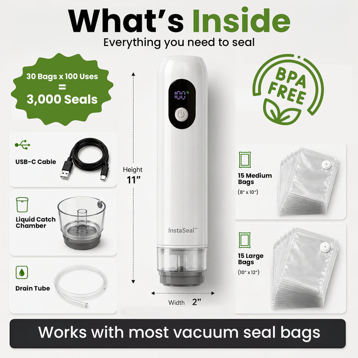 InstaSeal Hybrid Handheld Vacuum Sealer – Rechargeable Portable Food Vacuum Sealer with 30 Reusable BPA-Free Bags, USB-C Charging & Smart Auto Seal