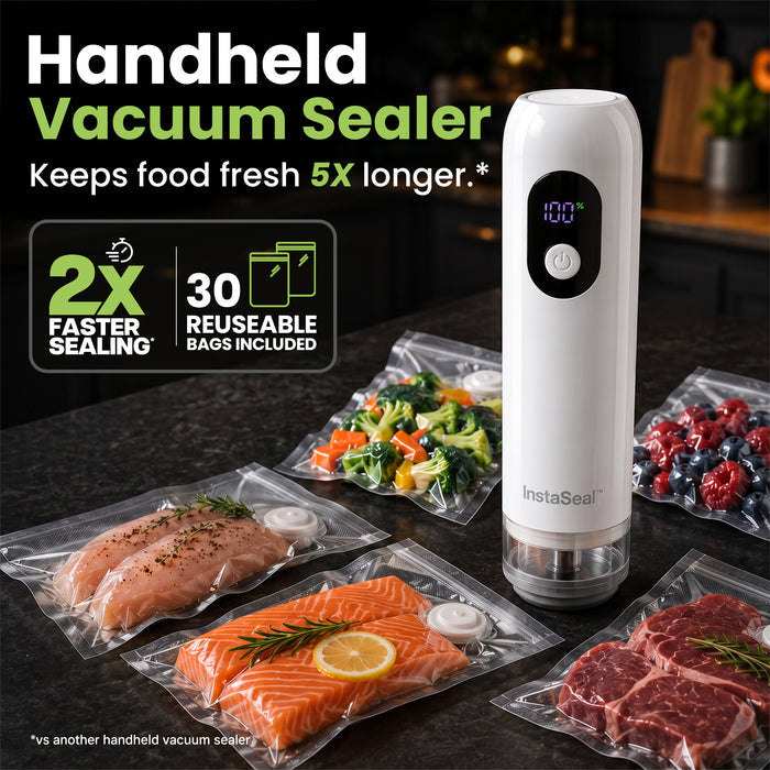 InstaSeal Hybrid Handheld Vacuum Sealer – Rechargeable Portable Food Vacuum Sealer with 30 Reusable BPA-Free Bags, USB-C Charging & Smart Auto Seal