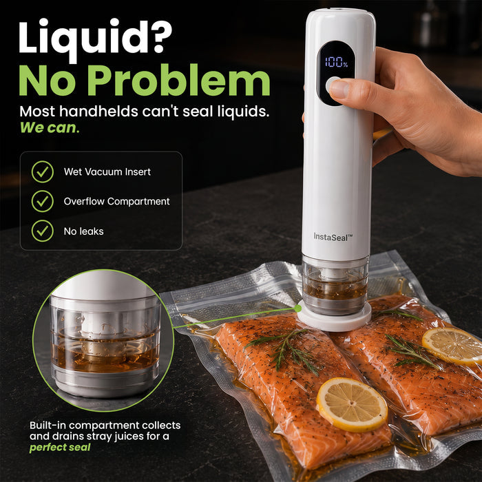 InstaSeal Hybrid Handheld Vacuum Sealer – Rechargeable Portable Food Vacuum Sealer with 30 Reusable BPA-Free Bags, USB-C Charging & Smart Auto Seal