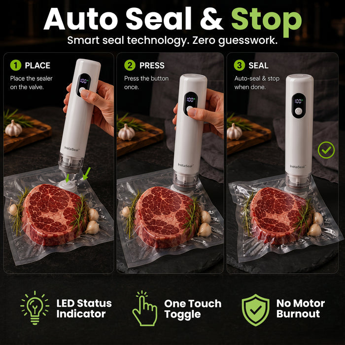 InstaSeal Hybrid Handheld Vacuum Sealer – Rechargeable Portable Food Vacuum Sealer with 30 Reusable BPA-Free Bags, USB-C Charging & Smart Auto Seal