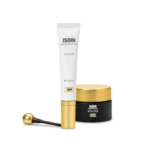 ISDIN Bright-Eyed Duo with K-Ox Eyes tube and Vital Eyes jar on white background
