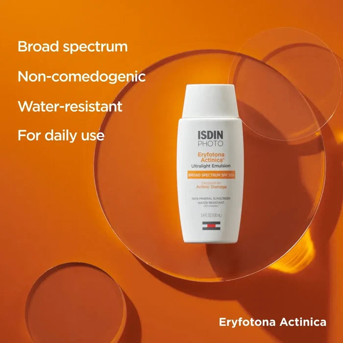 ISDIN Eryfotona Actinica Ultralight Emulsion SPF 50+ bottle with broad spectrum, non-comedogenic, water-resistant claims