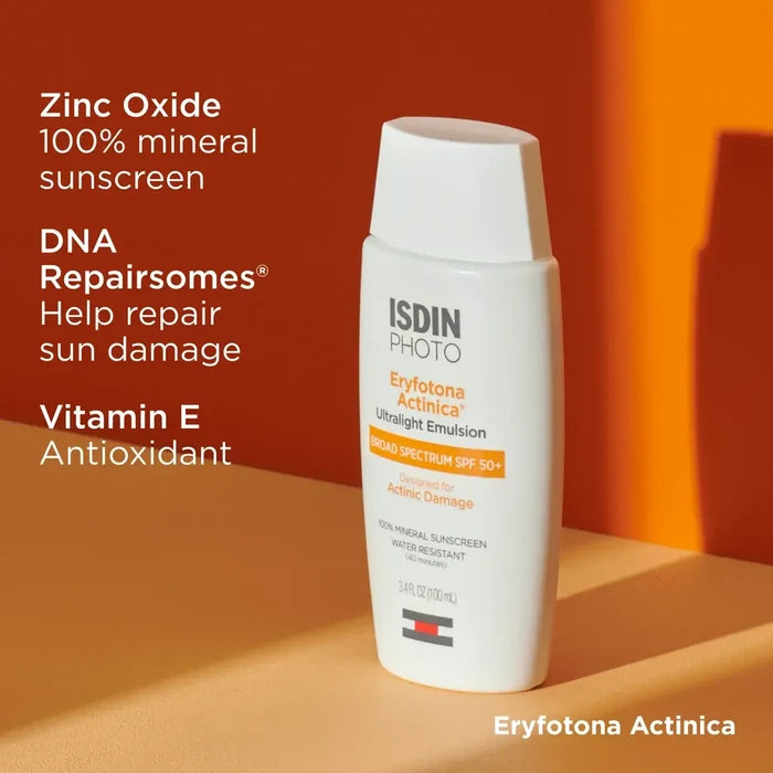 ISDIN Eryfotona Actinica Ultralight Emulsion SPF 50+ mineral sunscreen bottle