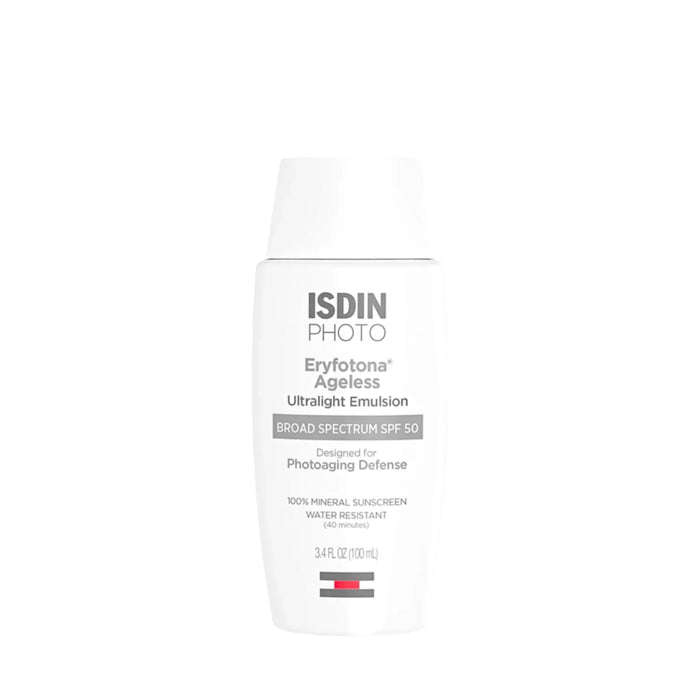 ISDIN Eryfotona Ageless mineral sunscreen bottle, Ultralight Emulsion SPF 50