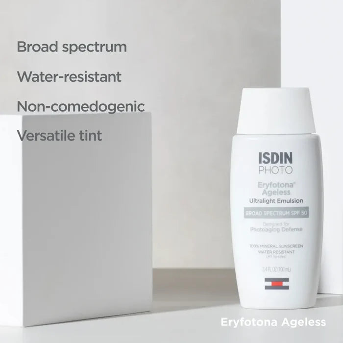 ISDIN Eryfotona Ageless tinted mineral sunscreen SPF 50 bottle with broad spectrum claims