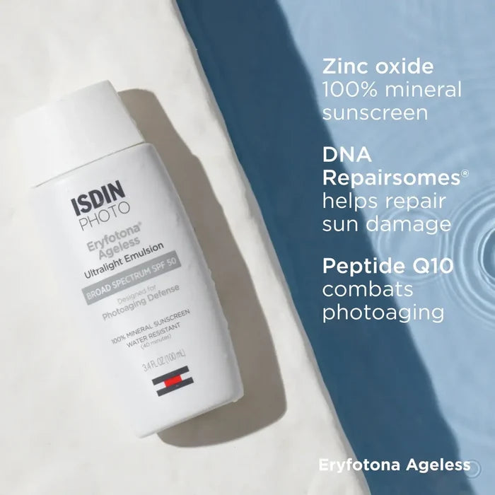 ISDIN Eryfotona Ageless Ultraliight Emulsion SPF 50 mineral sunscreen bottle