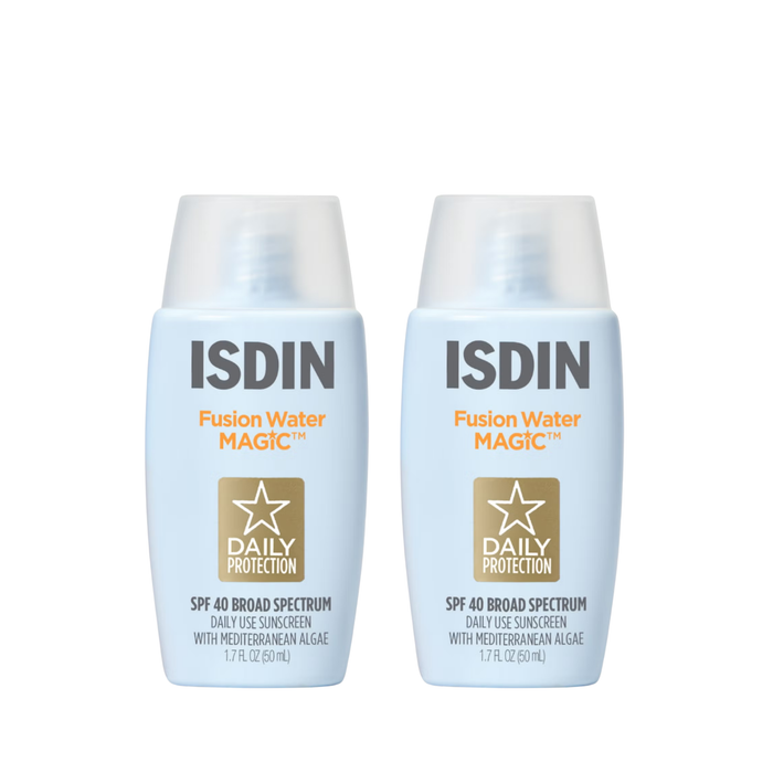 Two ISDIN Fusion Water MAGIC SPF 40 sunscreen bottles, daily broad spectrum with Mediterranean algae