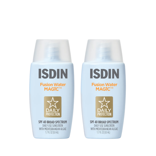 Two ISDIN Fusion Water MAGIC SPF 40 sunscreen bottles, daily broad spectrum with Mediterranean algae