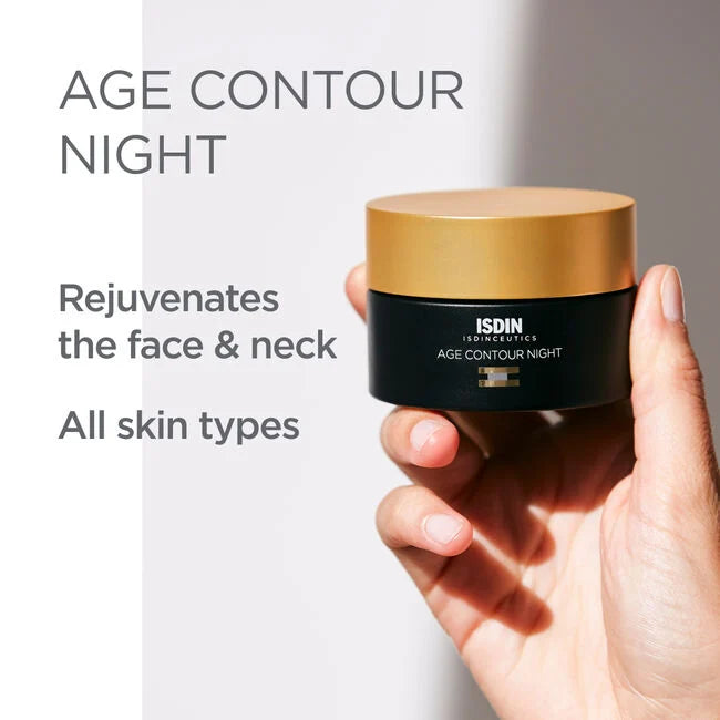 ISDIN Isdinceutics Age Contour Night cream jar in black and gold, rejuvenates face and neck