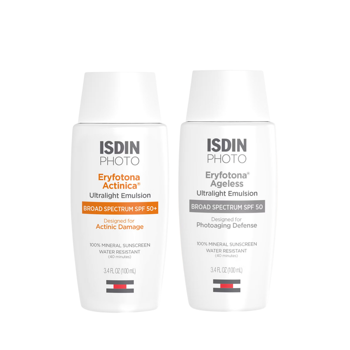 ISDIN Eryfotona Actinica and Eryfotona Ageless mineral SPF 50 sunscreen duo