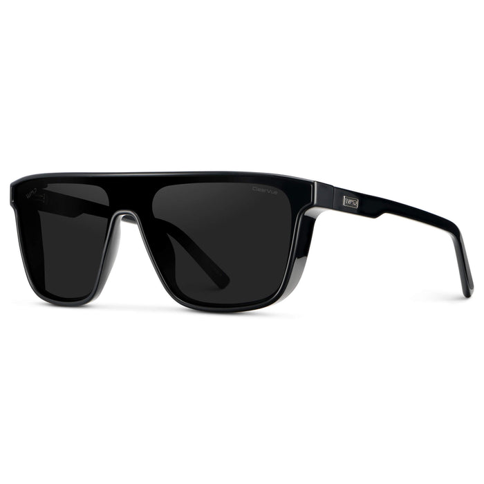 WMP Eyewear Jett men's polarized sunglasses with black frames and dark tinted lenses, outdoor view with clear sky.