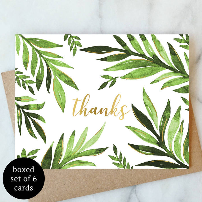 Leaf thank-you greeting card with green foliage and gold 'thanks' script