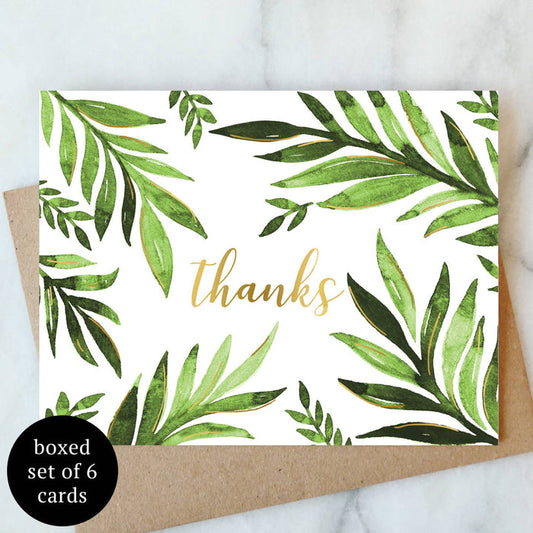 Leaf thank-you greeting card with green foliage and gold 'thanks' script