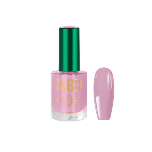 Pink nail polish bottle with green cap on a white background