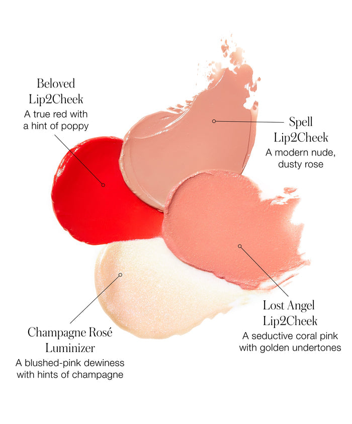 RMS Lip2Cheek Glow Quad Mini Shades: Beloved Lip2Cheek, Spell Lip2Cheek, Lost Angel Lip2Cheek, and Champagne Rose Luminizer