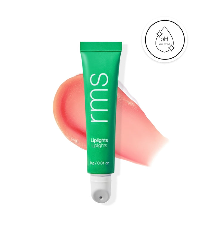 Tube of Liplights Cream Lip Gloss with peachy pink swatch behind it and a pH adjusting symbol, highlighting natural ingredients and clean beauty benefits.
