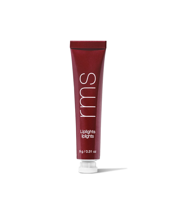 Tube of RMS Beauty Liplights Cream Lip Gloss in deep red shade with clean, cruelty free makeup formula and recyclable packaging.