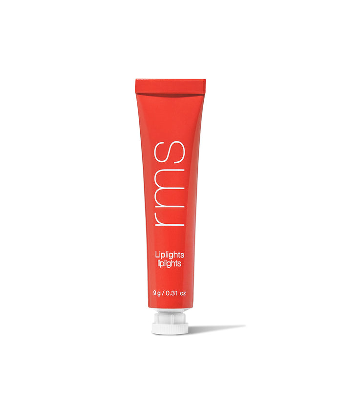 Red tube of RMS Beauty Liplights Cream Lip Gloss standing upright with white text on the front, featuring a minimalistic design and clean beauty appeal.