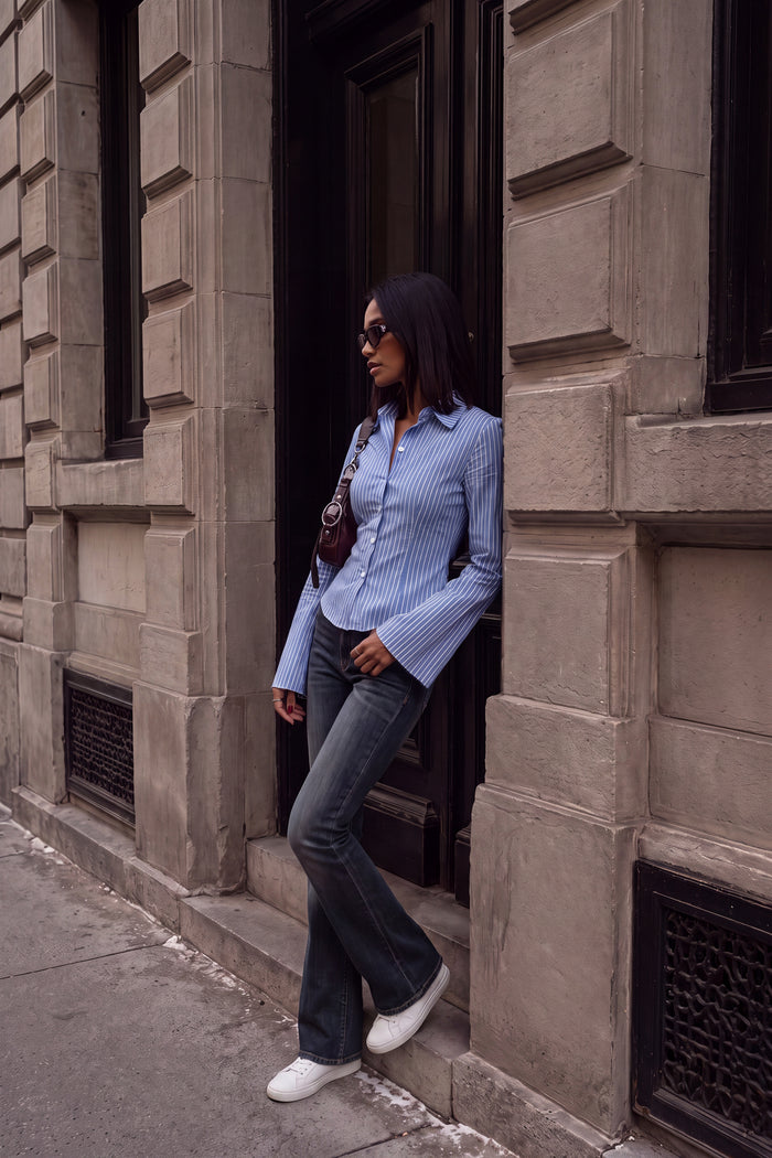 Long Bell Sleeve Button-Up Top