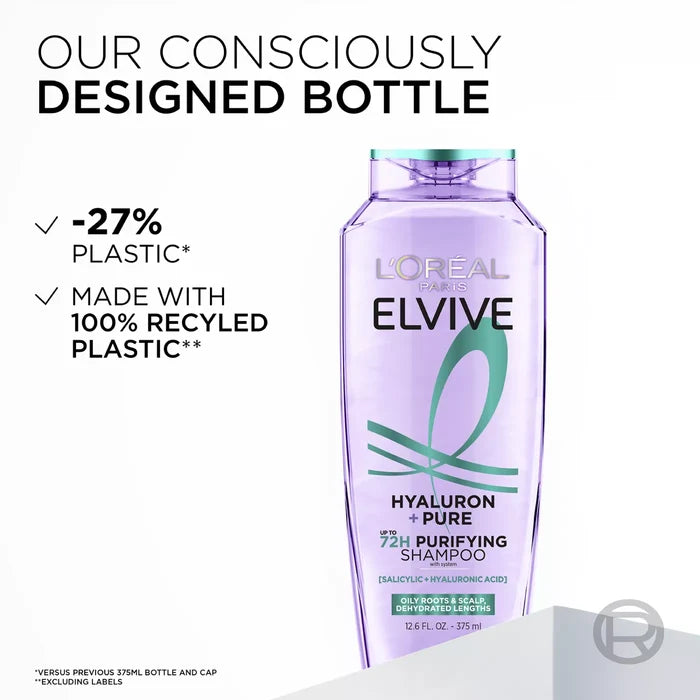 LOREAL PARIS Elvive Hyaluron + Pure Up to 72H Rehydrating Shampoo - Oily Roots & Scalp Dehydrated Length's  لوريال باريس شامبو ترطيب حتى 72 ساعة