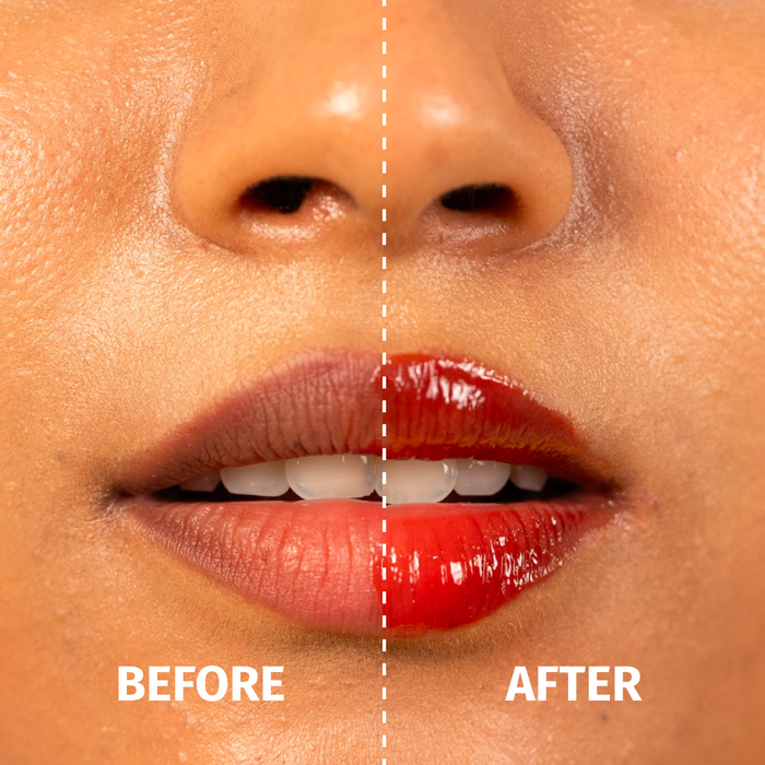 Before and after applying Vilvah Mango Milkshake Lip Balm