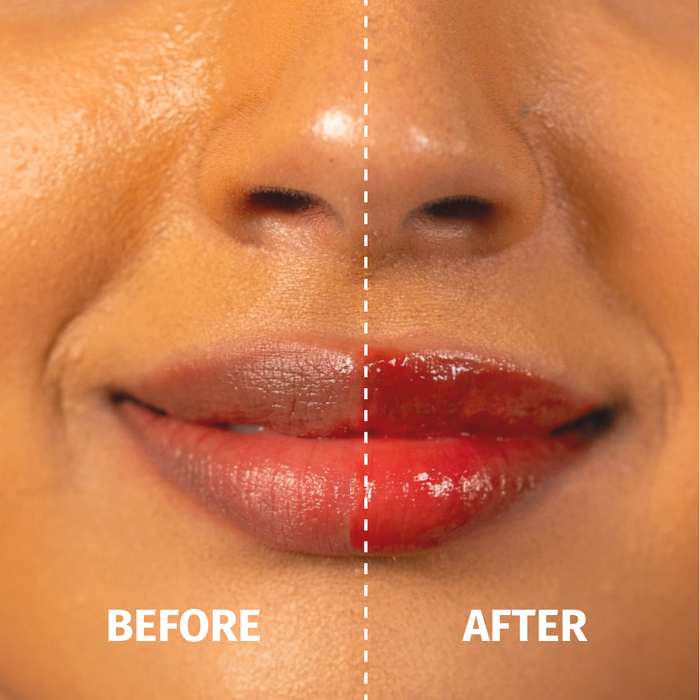 Before and after applying Tinted Vilvah Mango Milkshake Lip Balm