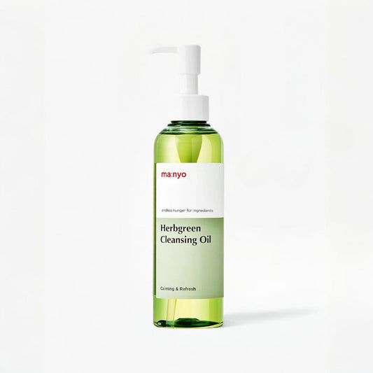 ma:nyo Herb Green Cleansing Oil 200ml bottle with pump, calming and refreshing cleansing oil for makeup removal.