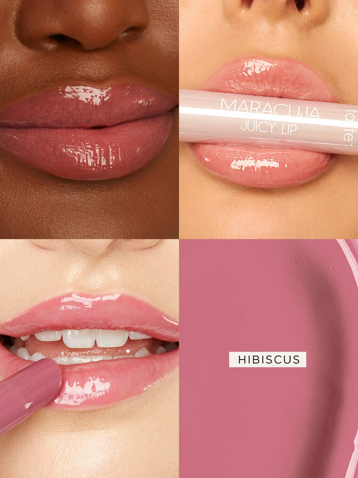 Close-up of a lip with a pink lip product labeled 'Hibiscus' on a brand name background.