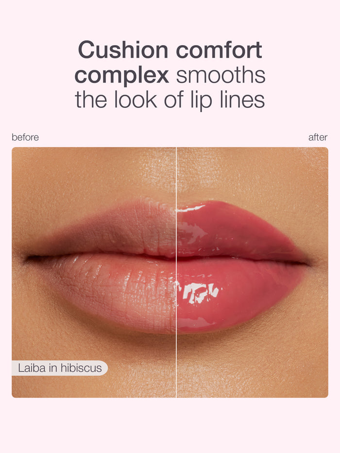 Before and after comparison of cushion comfort complex on lips with Laiba in hibiscus branding.