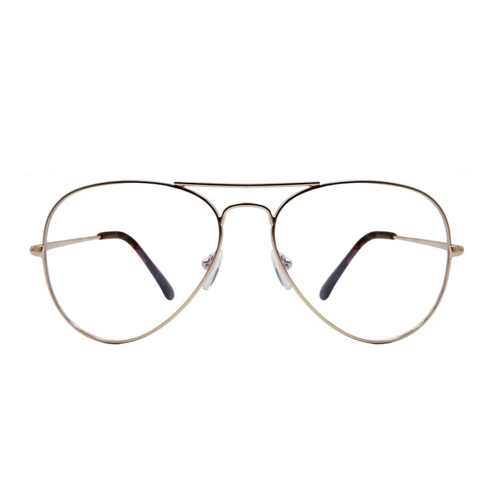 Gold-tone round eyeglass frame with dark temple accents