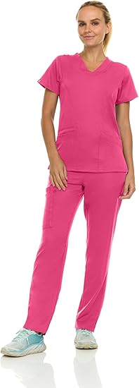 Medichic Eleanor V-Neck Top with Joelle Elastic Drawstring Cargo Pants Scrub Set - Shocking Pink