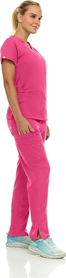 Medichic Eleanor V-Neck Top with Joelle Elastic Drawstring Cargo Pants Scrub Set - Shocking Pink