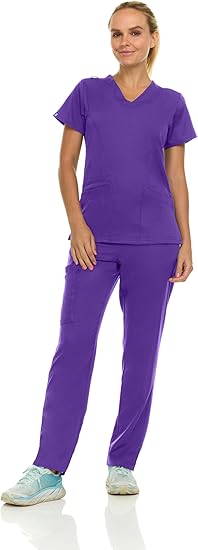 Medichic Eleanor V-Neck Top with Tall Joelle Elastic Drawstring Cargo Pants Scrub Set - Grape